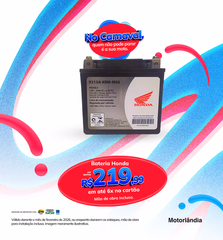 Banner Fevereiro 2026 Motorlândia Honda Bateria para Moto com Mão de Obra