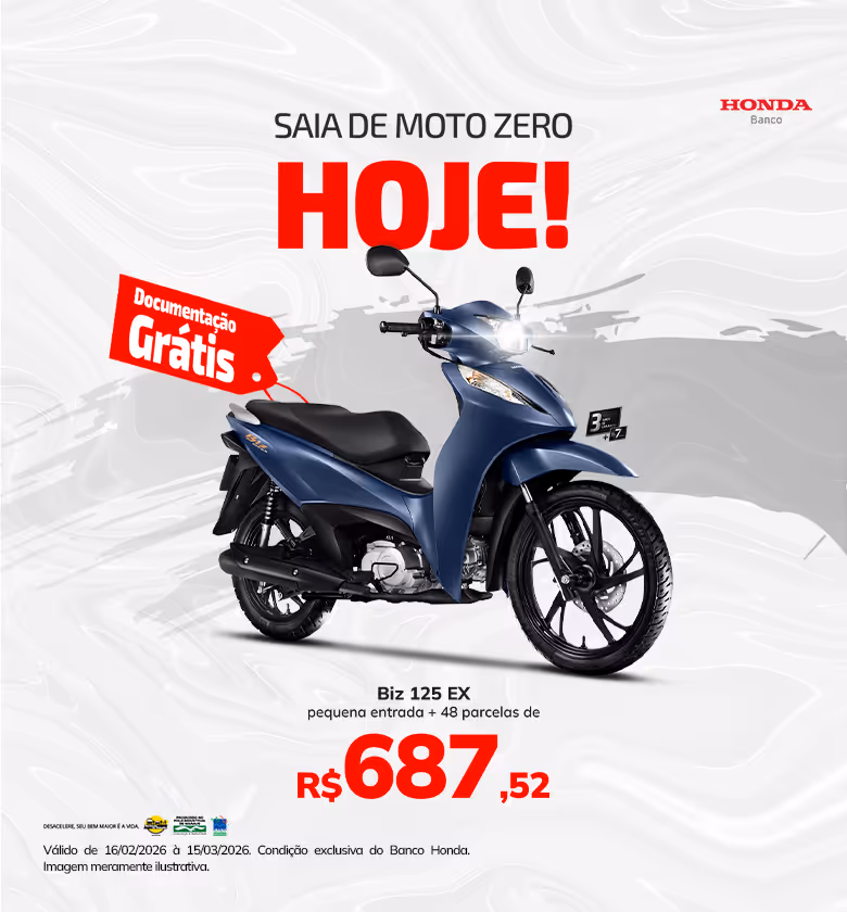 Banner Fevereiro e Março 2026 Motorlândia Honda Banco Financiamento Biz 125 EX